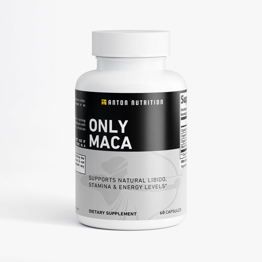 Supplement bottle labeled 'Only Maca' by Anton Nutrition on a white background