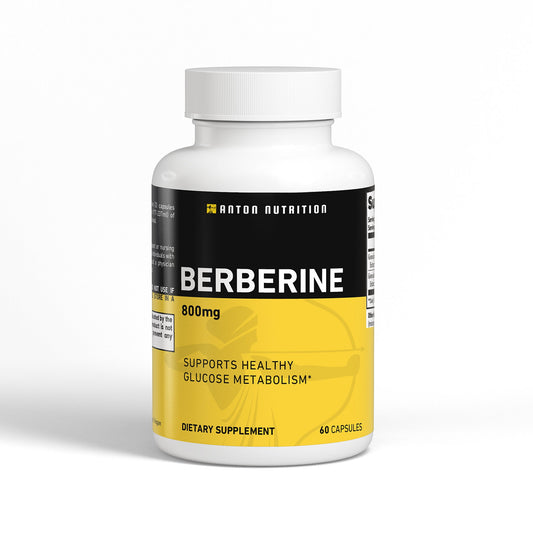Supplement bottle labeled 'Berberine' by Anton Nutrition on a white background