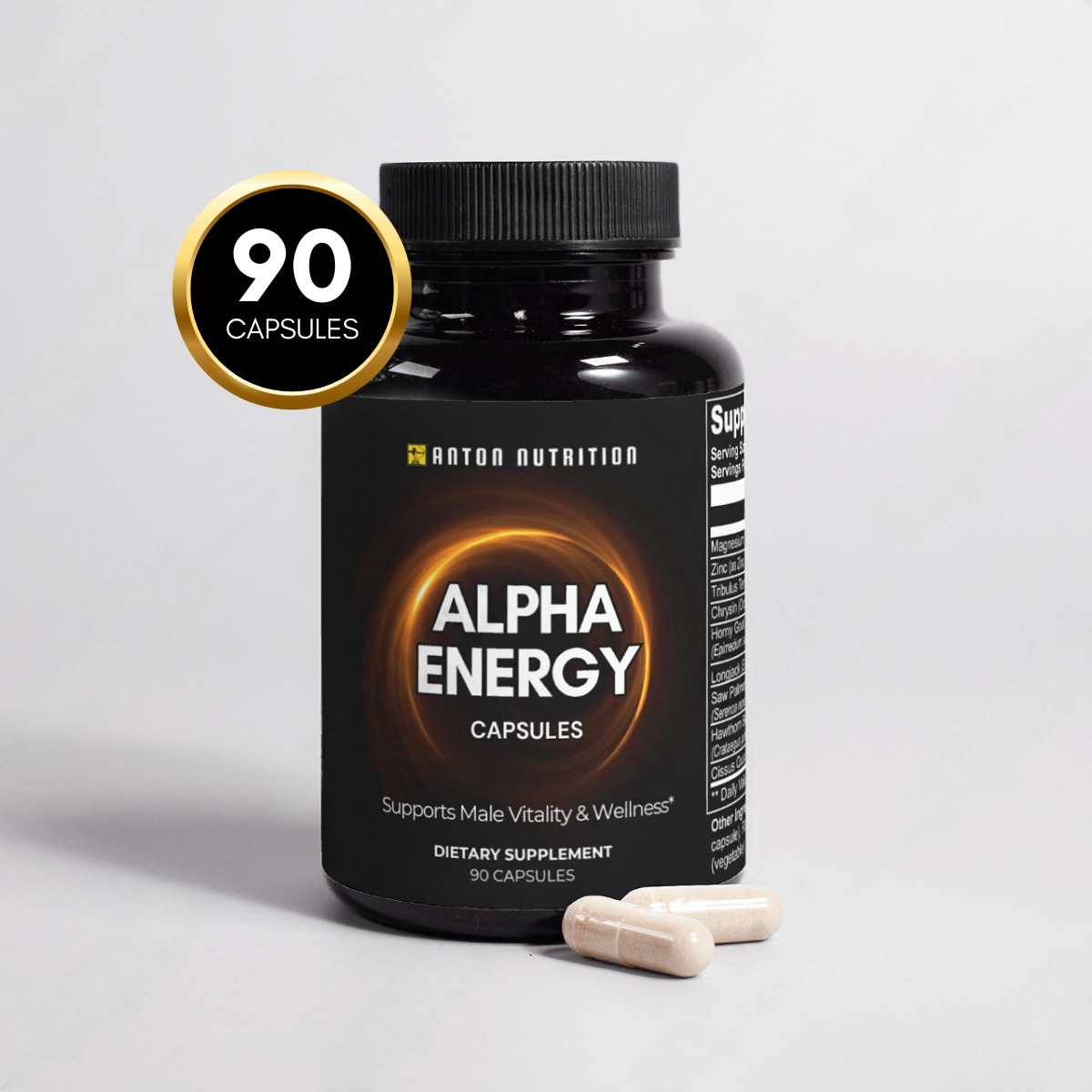 Anton Nutrition Alpha Energy Capsules bottle with 90 capsules. Supports male vitality and wellness. Dietary supplement formulated for men’s health