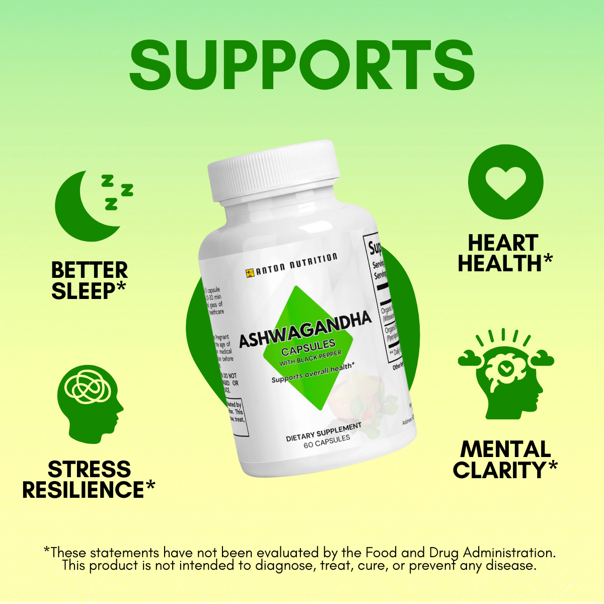 Ashwagandha Capsules with Black Pepper by Anton Nutrition support better sleep, stress resilience, heart health, and mental clarity.