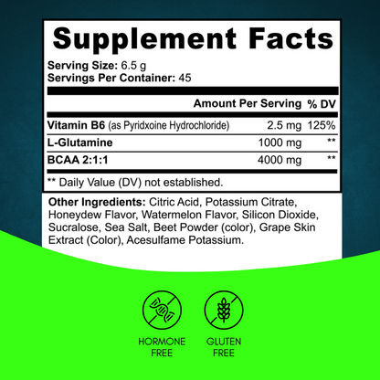 Supplement facts for BCAA Post Workout in Honeydew Watermelon flavor by Anton Nutrition. Each serving contains 2.5mg of Vitamin B6, 1000mg of L-Glutamine, and 4000mg of BCAAs in a 2:1:1 ratio. The product is hormone-free and gluten-free.