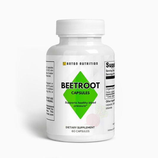 A bottle of 60 Beetroot capsules by Anton Nutrition, supporting healthy blood pressure.