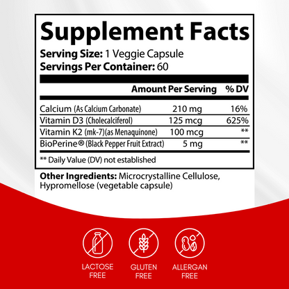 Supplement facts for Bone & Heart Support capsules by Anton Nutrition. Each capsule contains 210mg of calcium, 125mcg of vitamin D3, 100mcg of vitamin K2, and 5mg of BioPerine. The product is lactose-free, gluten-free, and allergen-free.