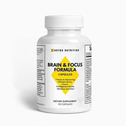 A bottle of Brain & Focus Formula capsules by Anton Nutrition, helping to improve mental clarity, focus, intelligence levels, and memory function.