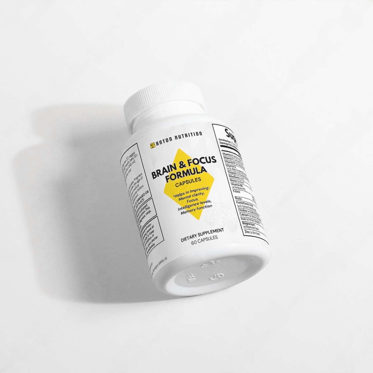 A bottle of Brain & Focus Formula capsules by Anton Nutrition, helping to improve mental clarity, focus, intelligence levels, and memory function.