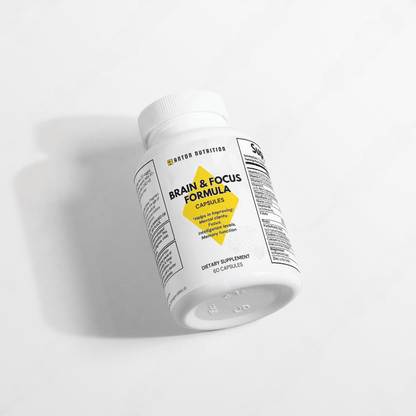 A bottle of Brain & Focus Formula capsules by Anton Nutrition, helping to improve mental clarity, focus, intelligence levels, and memory function.