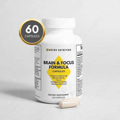 A bottle of 60 Brain & Focus Formula capsules by Anton Nutrition, helping to improve mental clarity, focus, intelligence levels, and memory function. A single capsule is shown next to the bottle.