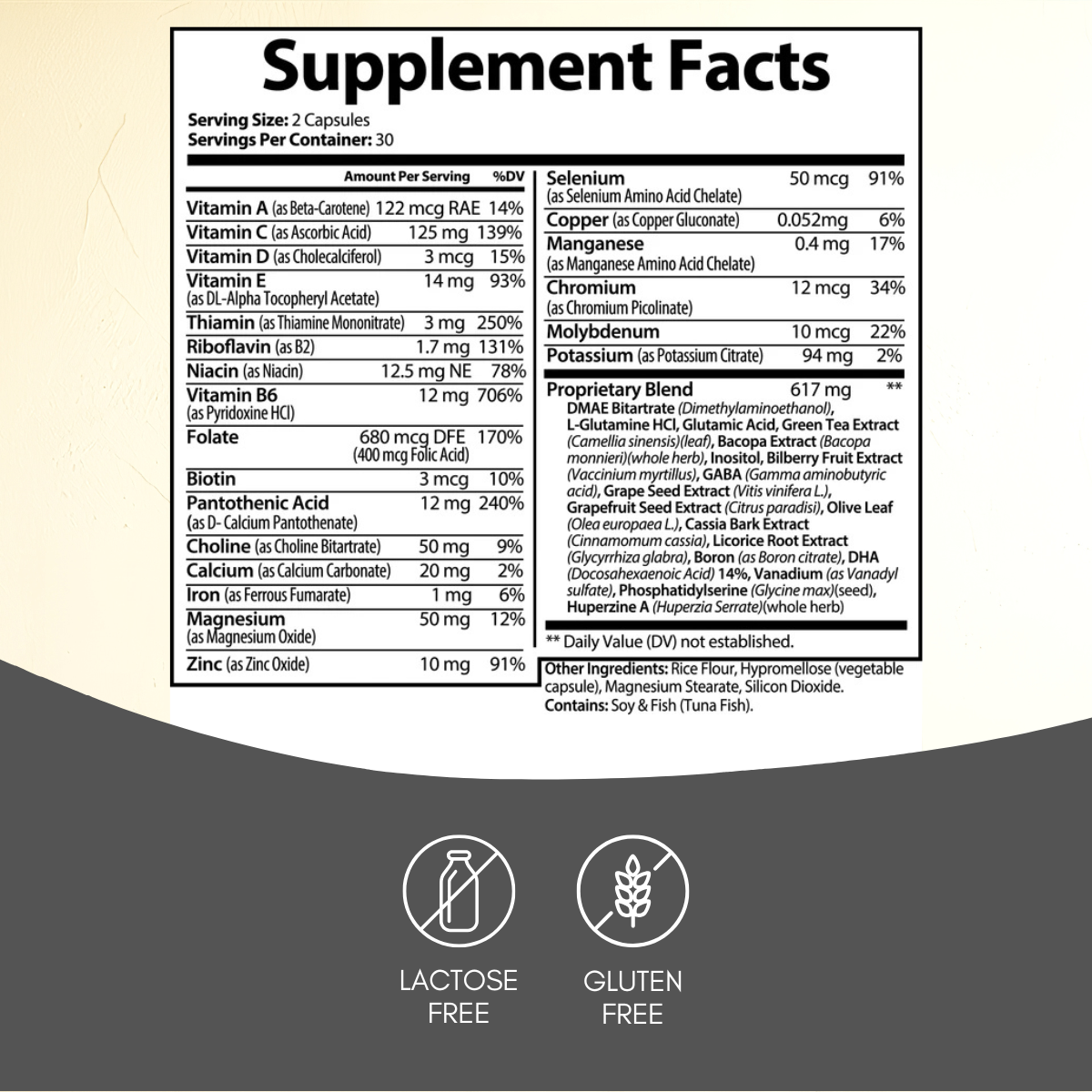 Supplement facts for Brain & Focus Formula capsules by Anton Nutrition. Each serving contains a variety of vitamins, minerals, and herbal extracts to support brain function and cognitive health. The product is lactose-free and gluten-free.