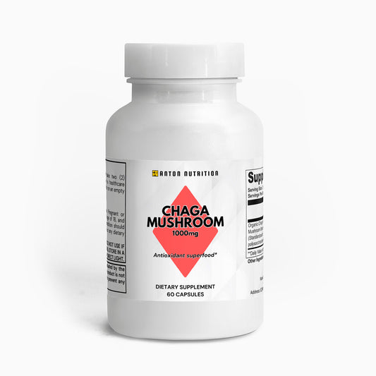 A bottle of Chaga Mushroom 1000mg capsules by Anton Nutrition, an antioxidant superfood.