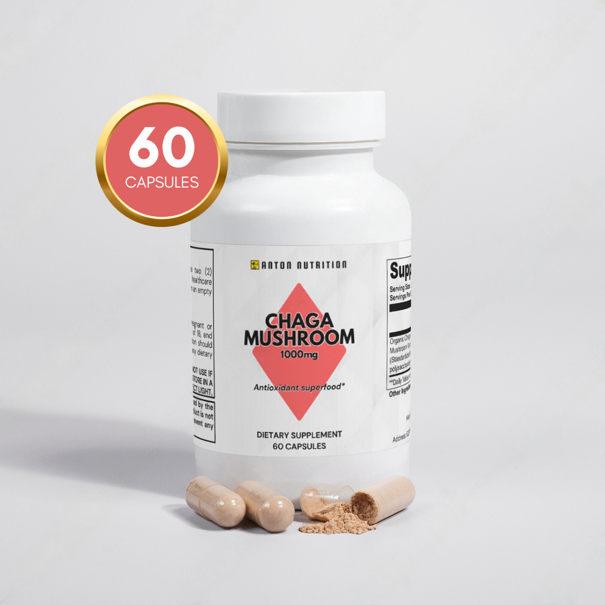 A bottle of 60 Chaga Mushroom 1000mg capsules by Anton Nutrition, an antioxidant superfood. Some capsules are spilled out next to the bottle.