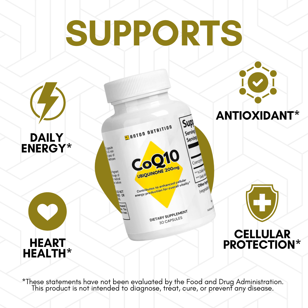 CoQ10 Ubiquinone 200mg by Anton Nutrition supports daily energy, heart health, antioxidant activity, and cellular protection.