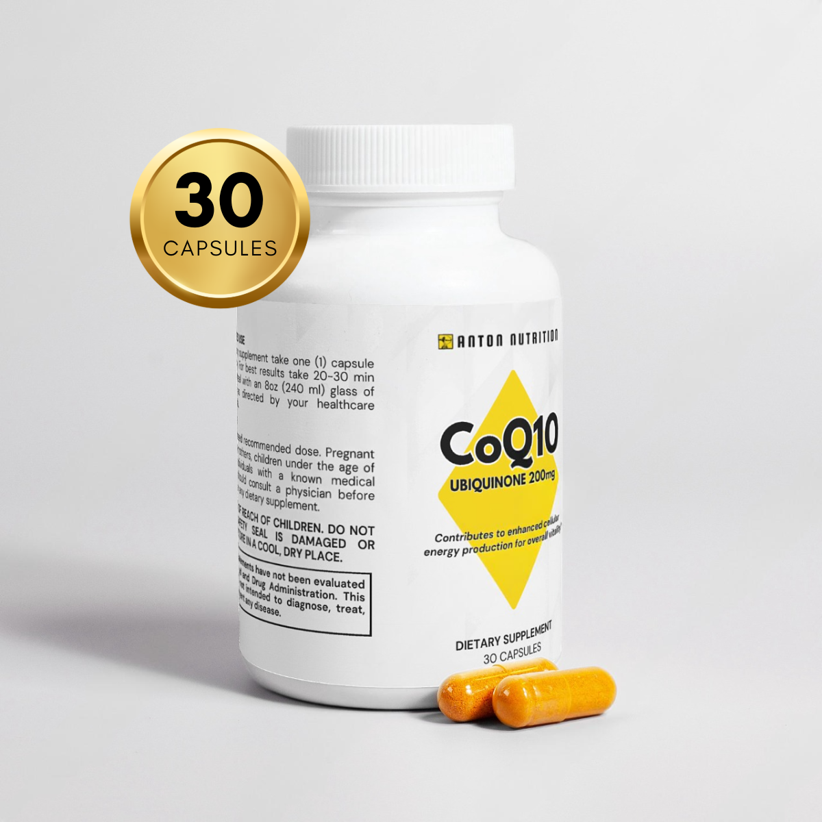 A bottle of 30 CoQ10 Ubiquinone 200mg capsules by Anton Nutrition, supporting enhanced cellular energy production for overall vitality. 2 capsules are shown next to the bottle.