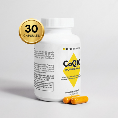 A bottle of 30 CoQ10 Ubiquinone 200mg capsules by Anton Nutrition, supporting enhanced cellular energy production for overall vitality. 2 capsules are shown next to the bottle.