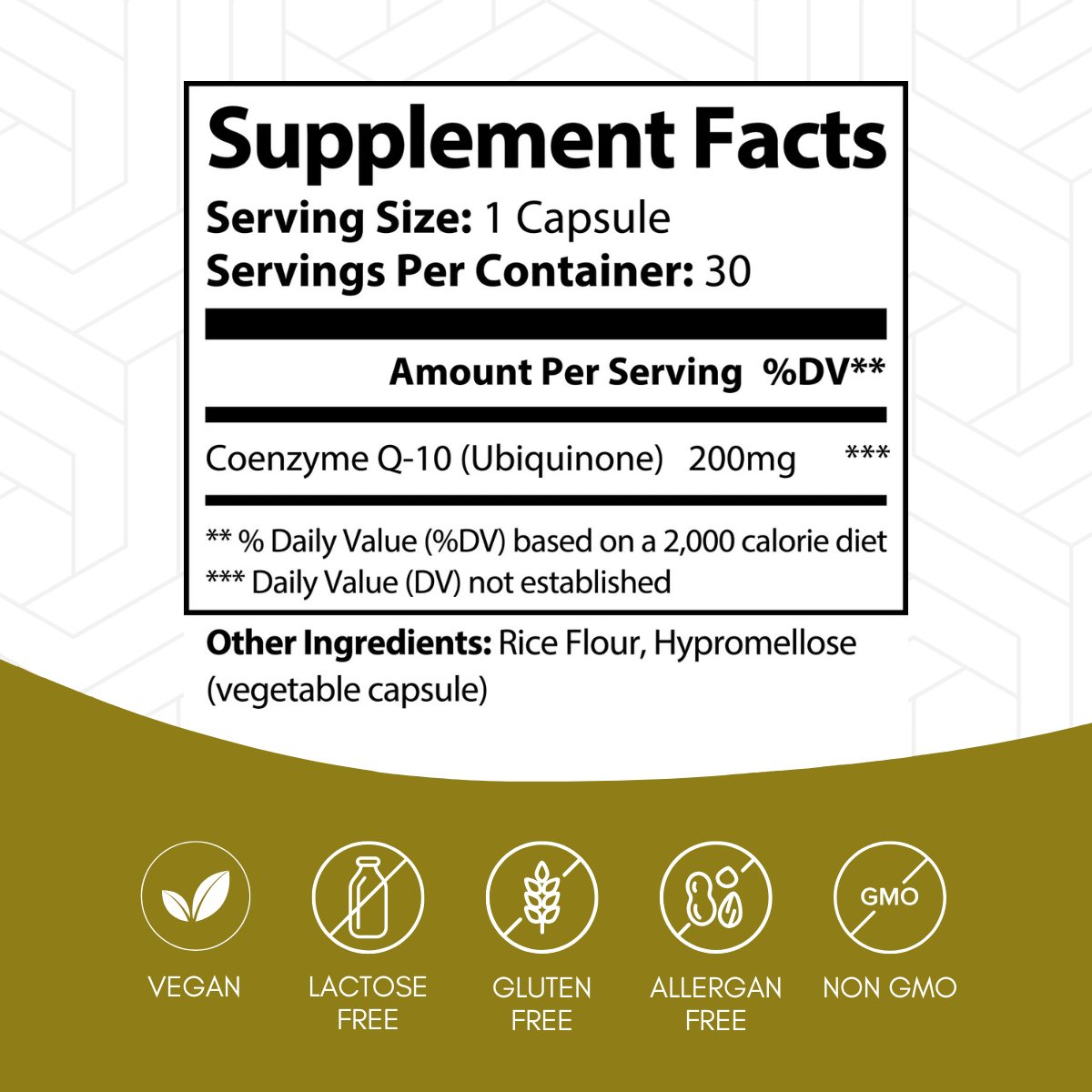 Supplement facts for CoQ10 Ubiquinone 200mg by Anton Nutrition. Each serving contains 200mg of Coenzyme Q-10 (Ubiquinone). The product is vegan, lactose-free, gluten-free, allergen-free, and non-GMO.