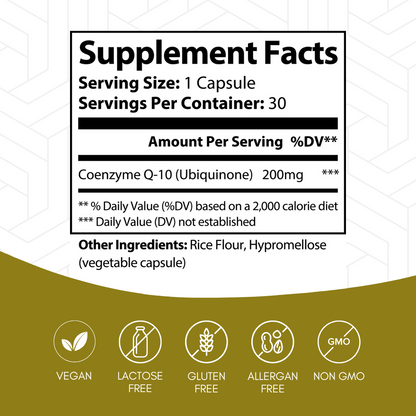 Supplement facts for CoQ10 Ubiquinone 200mg by Anton Nutrition. Each serving contains 200mg of Coenzyme Q-10 (Ubiquinone). The product is vegan, lactose-free, gluten-free, allergen-free, and non-GMO.