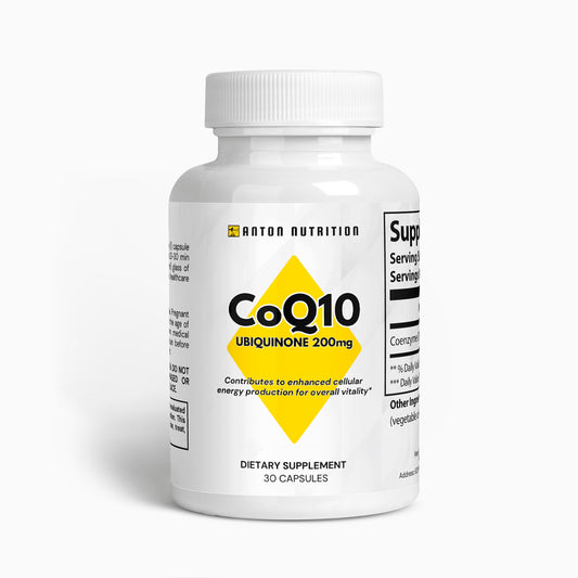 A bottle of 30 CoQ10 Ubiquinone 200mg capsules by Anton Nutrition, supporting enhanced cellular energy production for overall vitality.