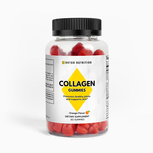 A bottle of 60 orange-flavored collagen gummies by Anton Nutrition, promoting healthy joints and skin.