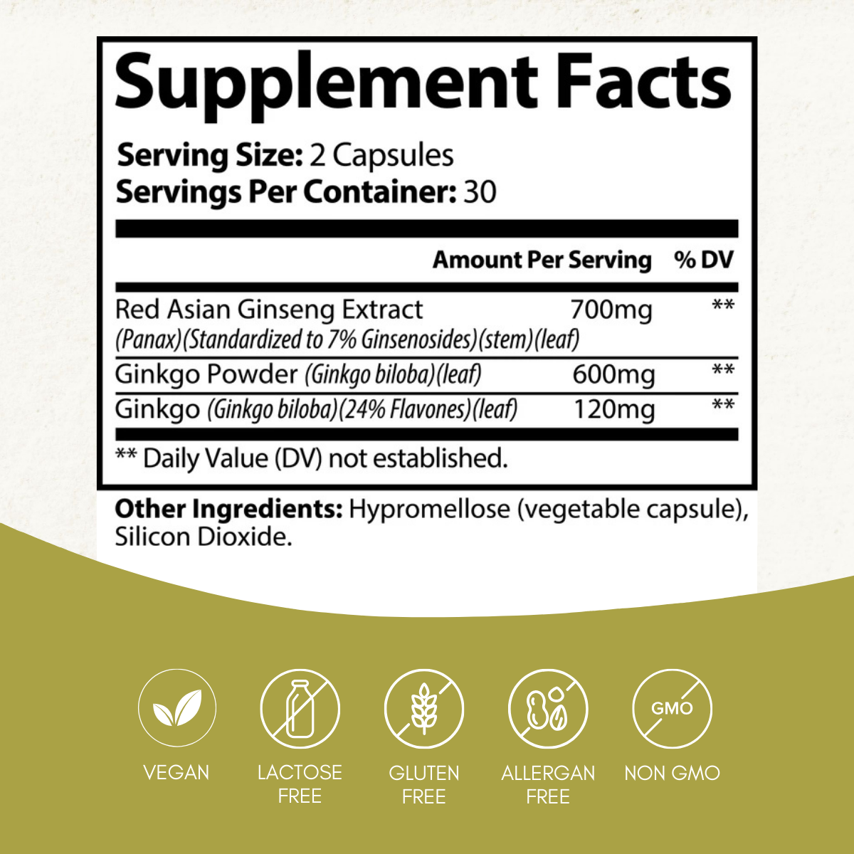 Supplement facts for Ginkgo Biloba + Ginseng capsules by Anton Nutrition. Each serving contains 700mg of Red Asian Ginseng Extract and 600mg of Ginkgo Biloba. The product is vegan, lactose-free, gluten-free, allergen-free, and non-GMO.