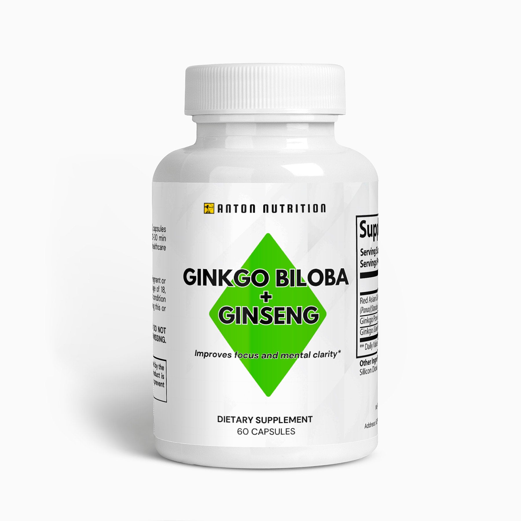 A bottle of 60 Ginkgo Biloba + Ginseng capsules by Anton Nutrition, supporting focus and mental clarity.