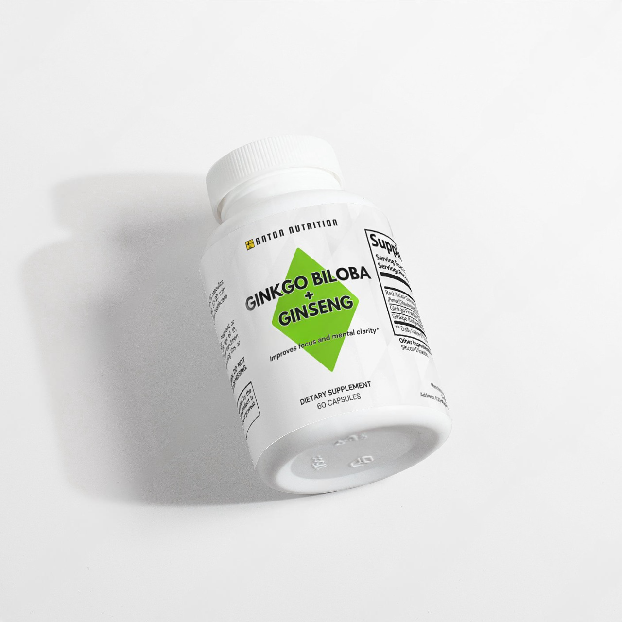 A bottle of 60 Ginkgo Biloba + Ginseng capsules by Anton Nutrition, supporting focus and mental clarity. Two capsules are spilled out next to the bottle.