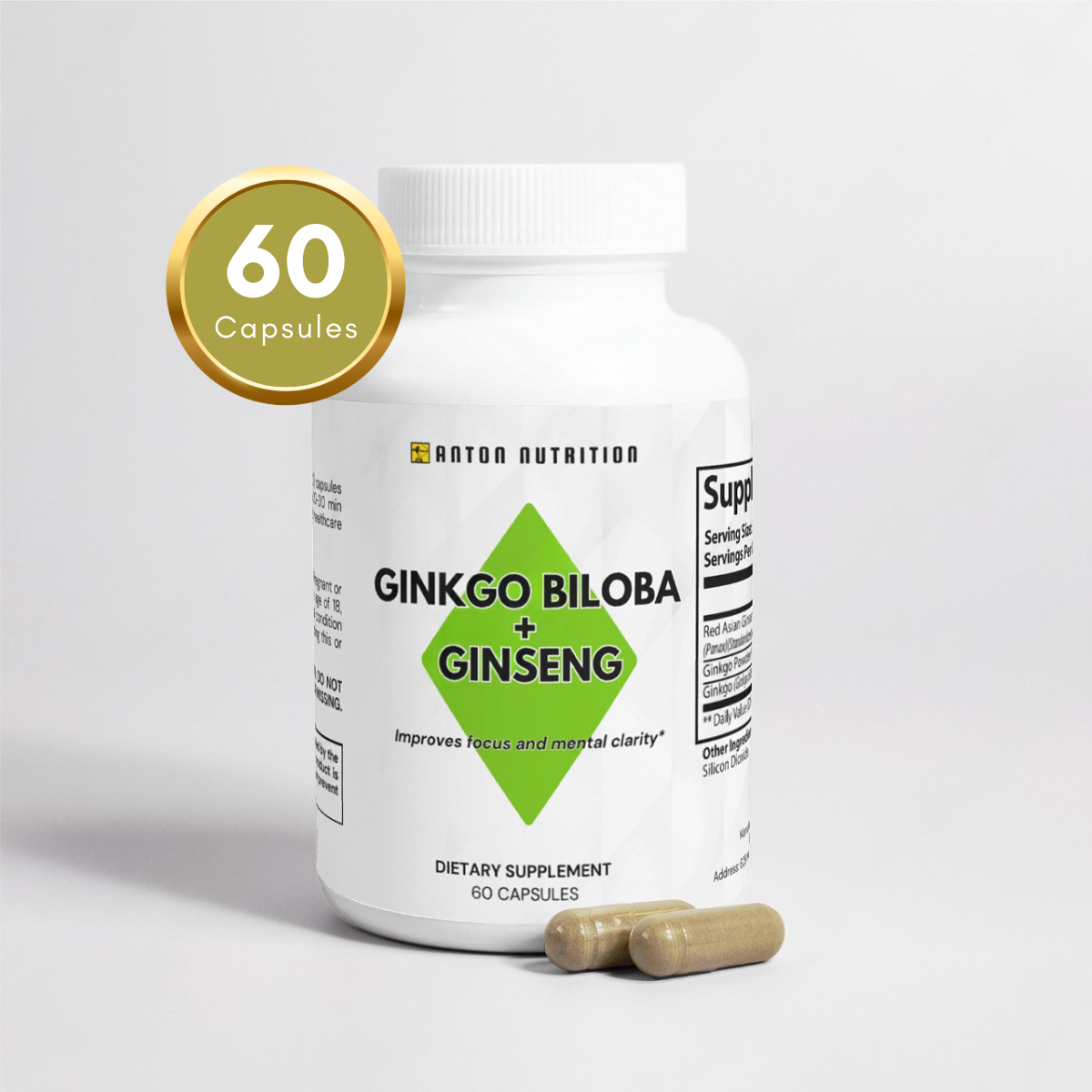 A bottle of 60 Ginkgo Biloba + Ginseng capsules by Anton Nutrition, supporting focus and mental clarity. Two capsules are spilled out next to the bottle.