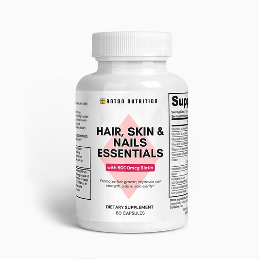 A bottle of 60 Hair, Skin & Nails Essentials capsules by Anton Nutrition, promoting hair growth, nail strength, and skin clarity.