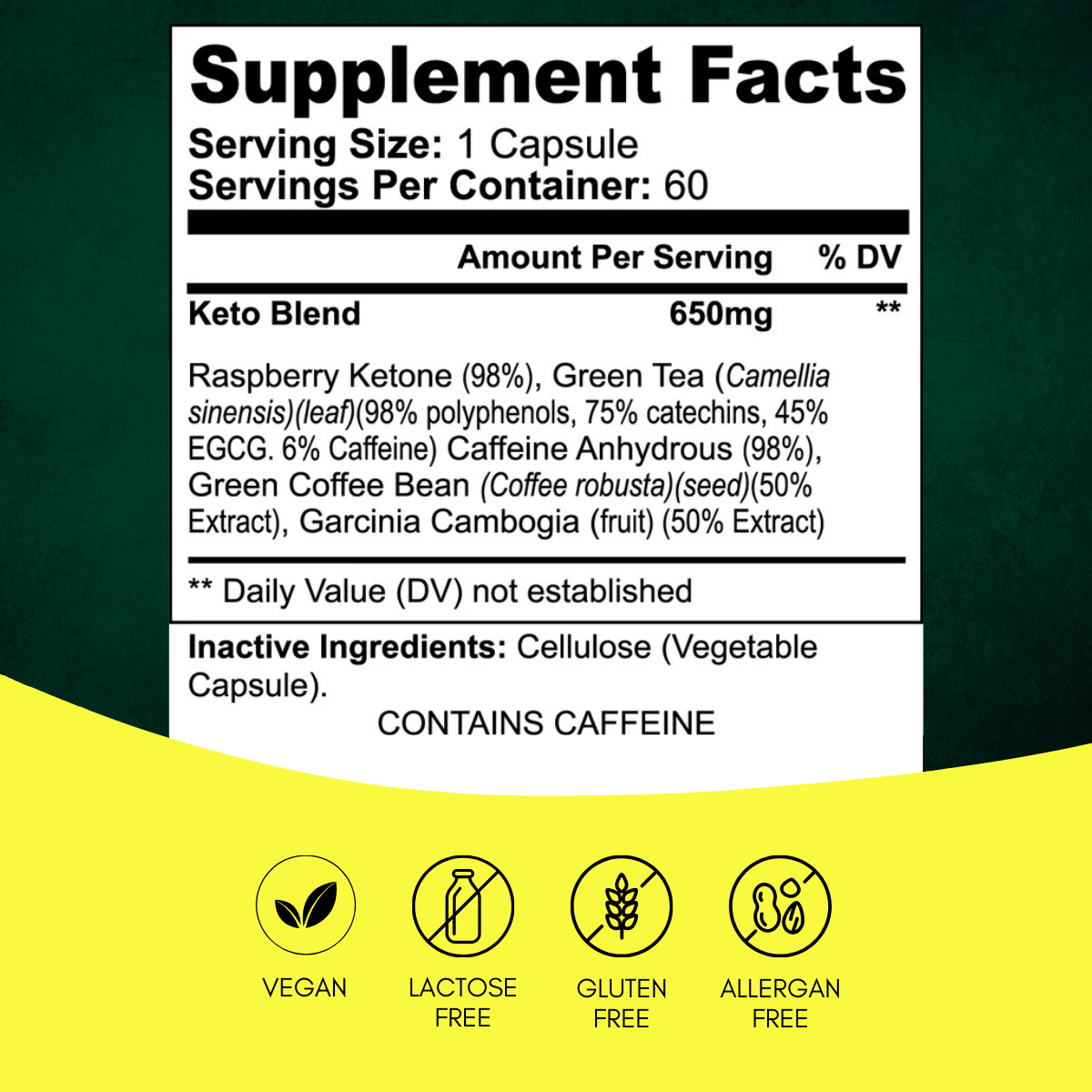 Supplement facts for KETO-5 by Anton Nutrition. Each serving contains 650mg of a Keto Blend with Raspberry Ketone, Green Tea Extract, Caffeine Anhydrous, Green Coffee Bean Extract, and Garcinia Cambogia Extract. The product is vegan, lactose-free, gluten-free, and allergen-free. It contains caffeine.