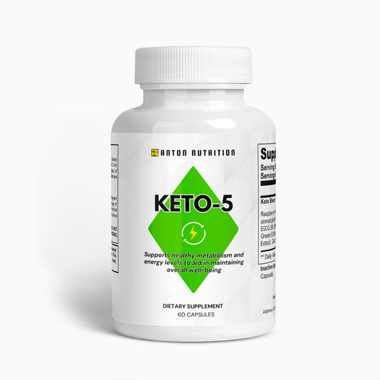 A bottle of 60 KETO-5 capsules by Anton Nutrition, supporting healthy metabolism and energy levels.