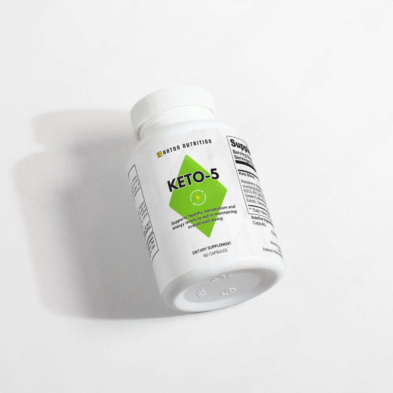 A bottle of 60 KETO-5 capsules by Anton Nutrition, supporting healthy metabolism and energy levels.