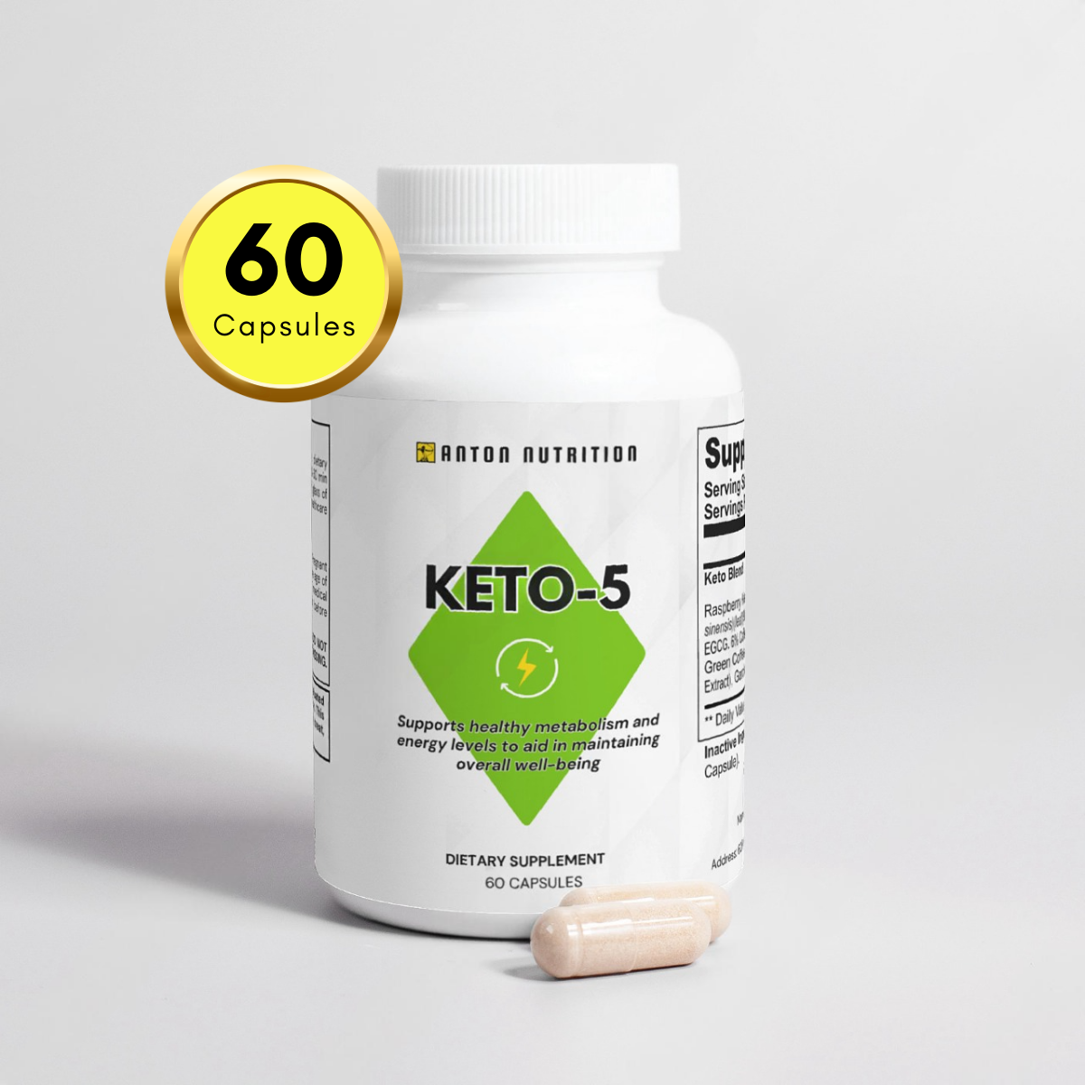 A bottle of 60 KETO-5 capsules by Anton Nutrition, supporting healthy metabolism and energy levels. One capsule is spilled out next to the bottle.