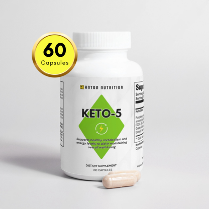 A bottle of 60 KETO-5 capsules by Anton Nutrition, supporting healthy metabolism and energy levels. One capsule is spilled out next to the bottle.