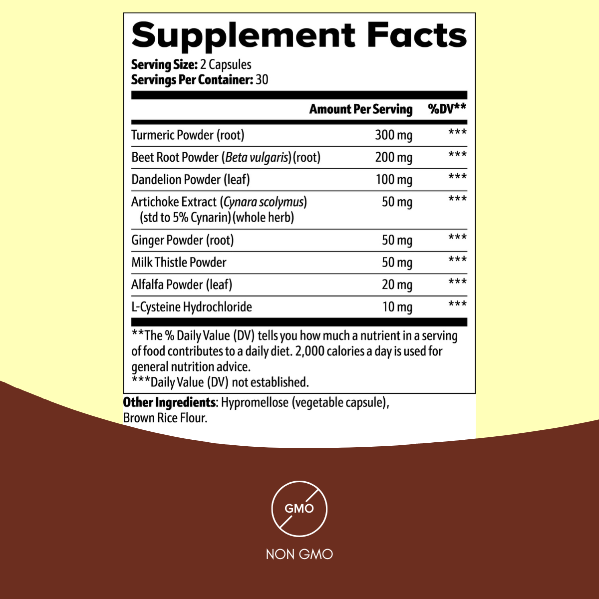 Supplement facts for Liver Support capsules by Anton Nutrition. Each serving contains Turmeric Powder, Beet Root Powder, Dandelion Powder, Artichoke Extract, Ginger Powder, Milk Thistle Powder, Alfalfa Powder, and L-Cysteine Hydrochloride. The product is non-GMO.