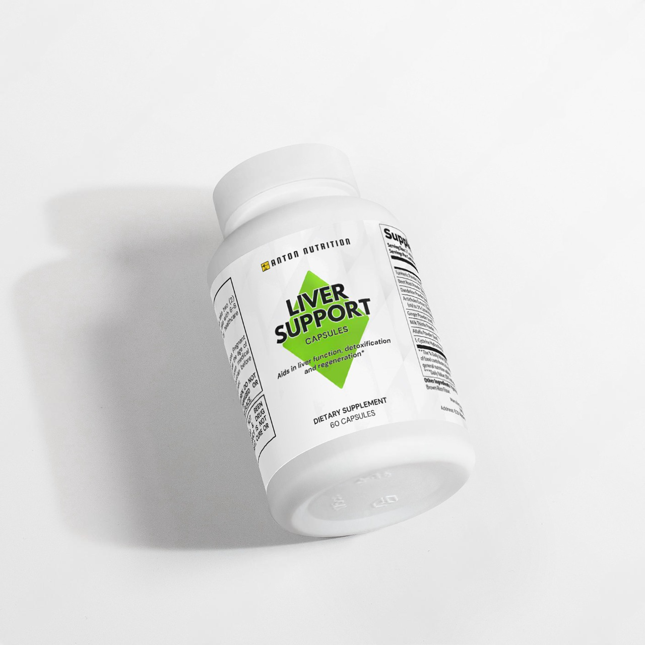 A bottle of 60 Liver Support capsules by Anton Nutrition, aiding in liver function, detoxification, and regeneration.