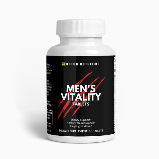 A bottle of 60 Men's Vitality tablets by Anton Nutrition, supporting energy, endurance, and drive.