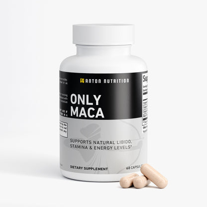 Supplement bottle labeled 'Only Maca' by Anton Nutrition on a white background
