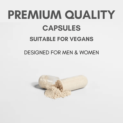 An open vegan capsule with powder spilling out. High-quality Brain & Focus Formula capsules suitable for both men and women.