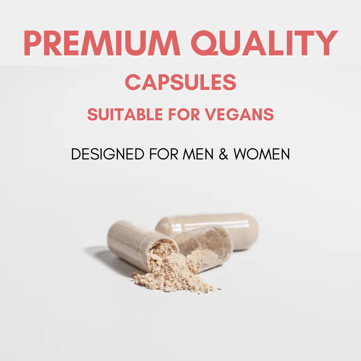 An open vegan Chaga Mushroom capsule with powder spilling out. High-quality Chaga Mushroom capsules suitable for both men and women.